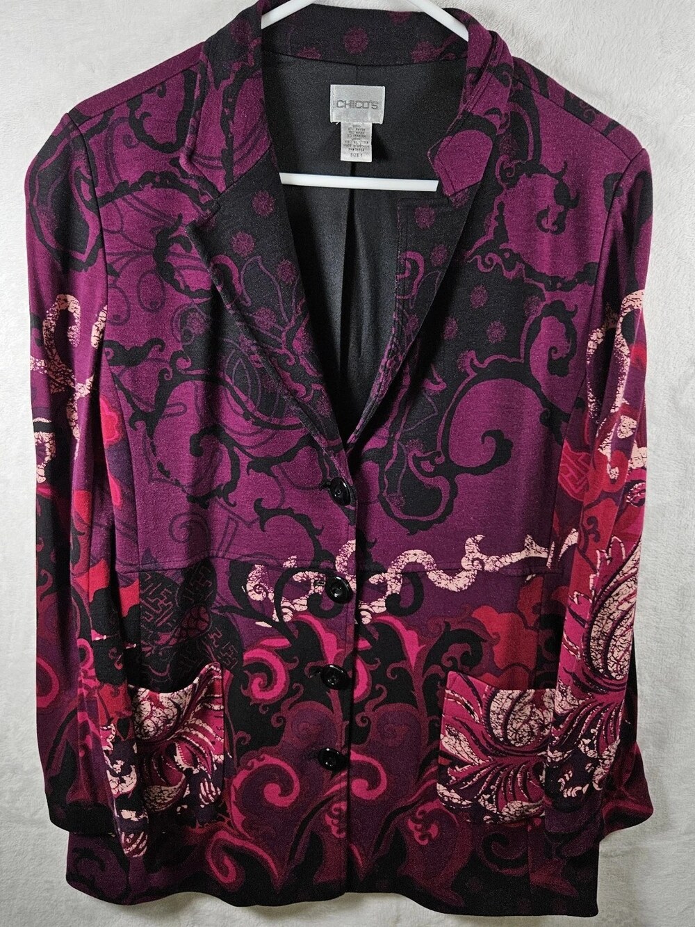 Chico's Blazer Jacket Purple Magenta Black Paisley Scroll Print Women's Sz 1 Med